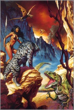 fantastique tigre et dinosaure Peinture à l'huile